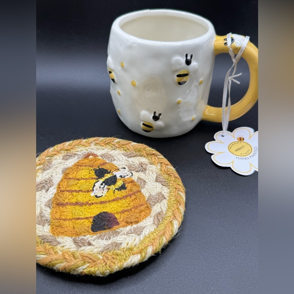 NEW Honey Bee Hand-Painted Ceramic Coffee Tea Mug and Coaster Cup Set